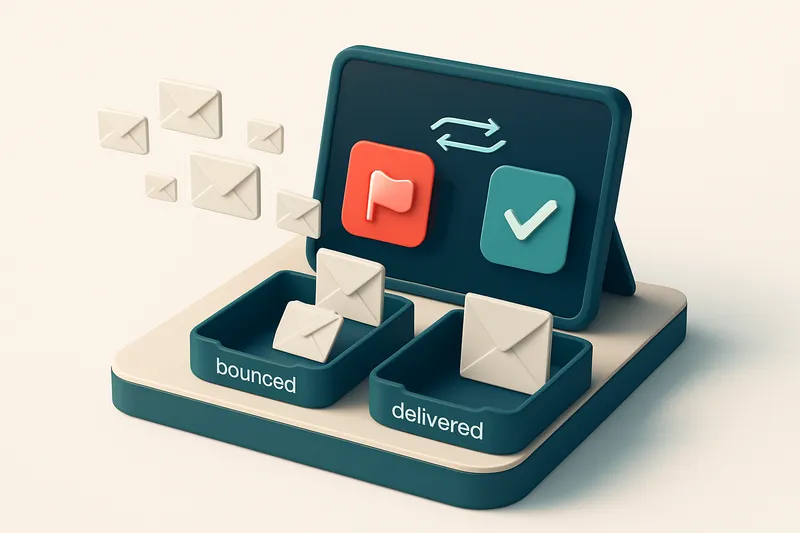 An isometric construction site office setup with a desk holding a tablet showing a red 'invalid' flag and a green 'valid