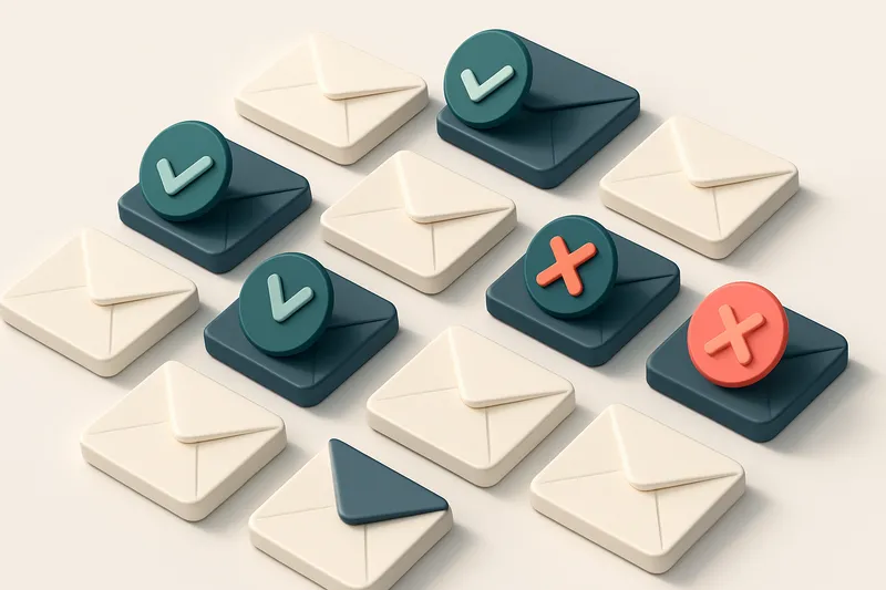 a grid of envelope icons with checkmarks on some and red Xs on others