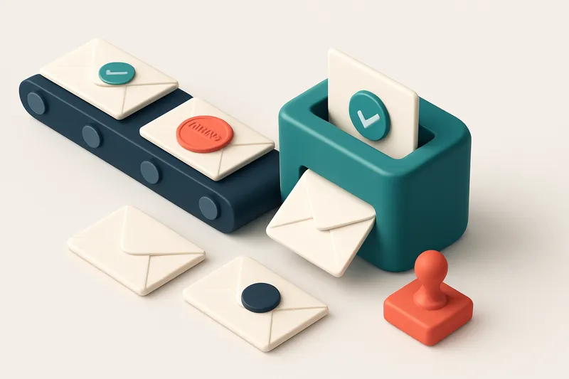 An isometric email inbox with a conveyor belt feeding in envelopes labeled 'valid', 'risky', 'invalid', and 'catch-all';