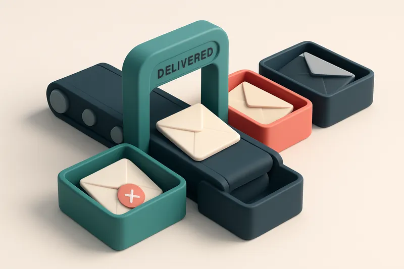 An isometric illustration of a 3D email inbox with envelopes being sorted by a conveyor belt: green 'inbox' tray, red 's