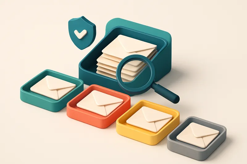 An isometric email inbox with envelopes being sorted onto a green 'valid' tray, a red 'invalid' tray, a yellow 'catch-al