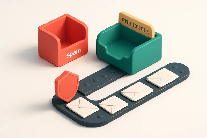 An isometric inbox with a red 'spam' folder, a green 'inbox' tray, and a yellow 'promotions' tab. A conveyor belt moves