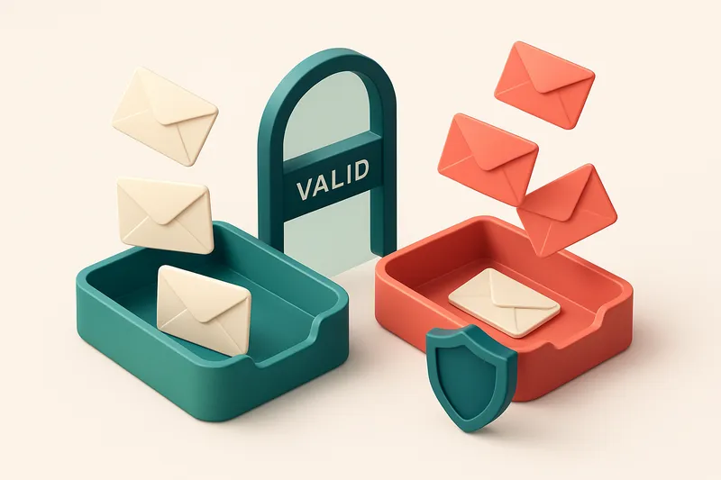 An isometric email inbox with envelopes being sorted into a green 'inbox' tray and a red 'spam' tray, a digital gate lab