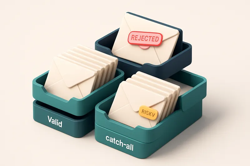 An isometric email inbox stacked with digital envelopes labeled valid, invalid, catch-all, and risky; a red 'rejected' s