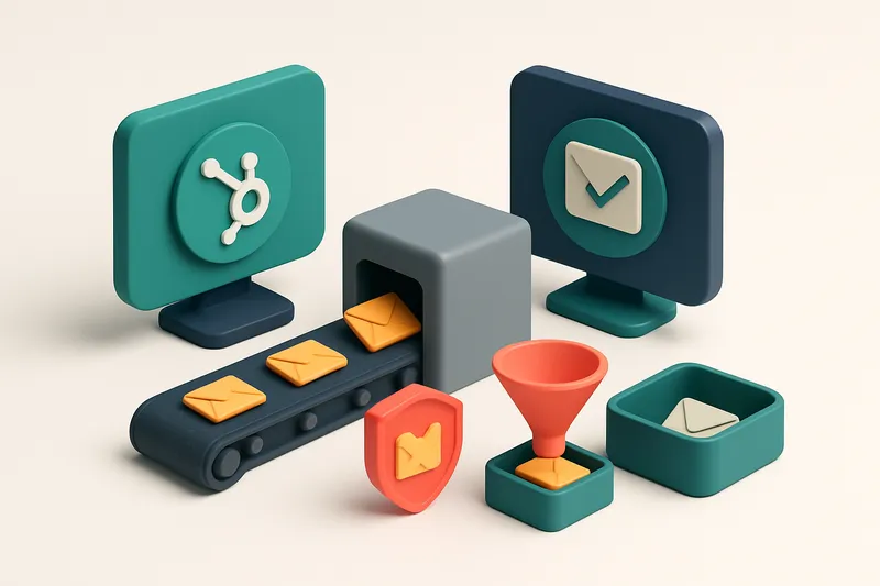 An isometric dashboard showing HubSpot and MailTester side by side, with a conveyor belt sending email envelopes through