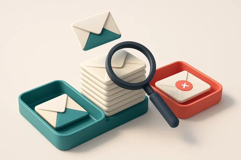 an isometric email inbox with envelopes being sorted onto a green 'valid' tray and a red 'invalid' tray, a magnifying gl