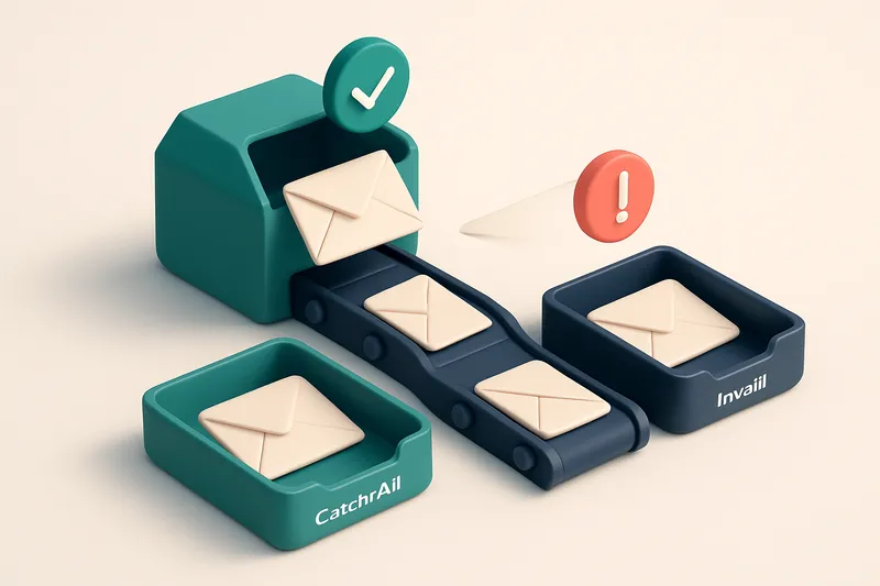 An isometric inbox with envelopes labeled 'valid', 'catch-all', and 'invalid' being routed by conveyor belts into separa