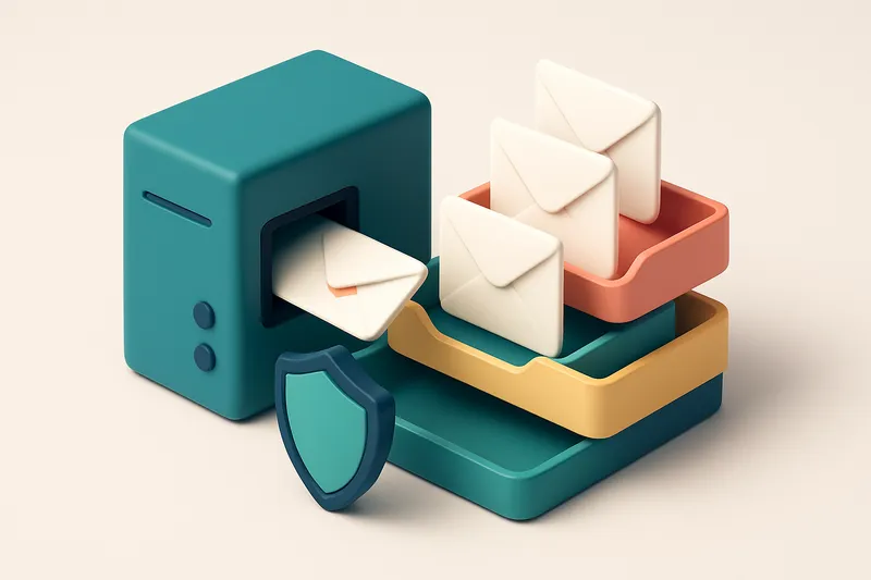 An isometric email inbox with envelopes labeled 'valid', 'catch-all', and 'invalid' being sorted by a server into three