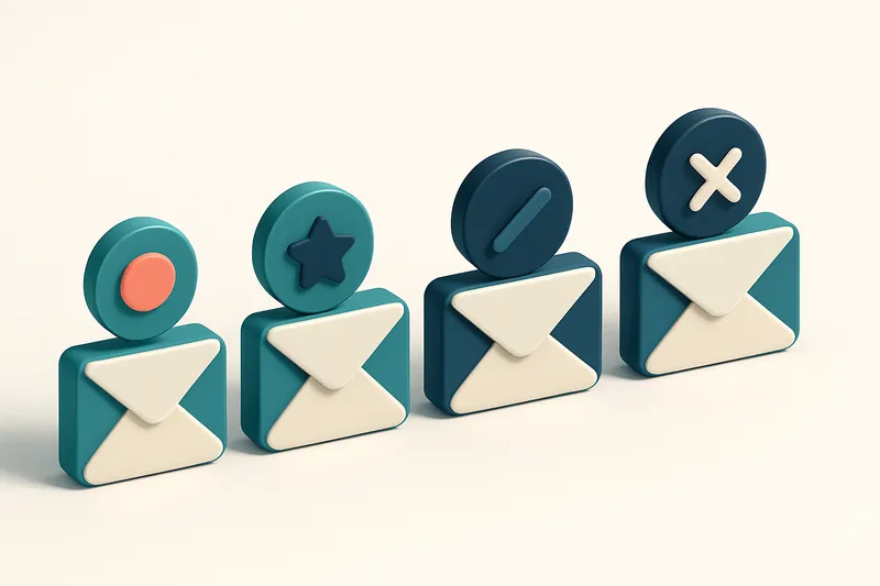 a row of four envelope icons, each with a different status indicator (inbox, spam, blocked, or undelivered)