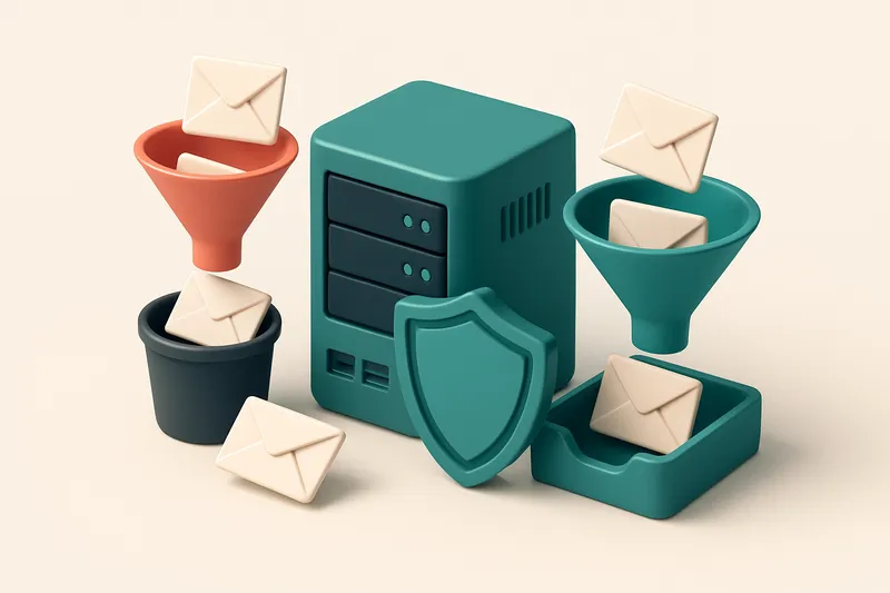 An isometric illustration of a legal firm’s email server stack: a central server with labeled ports, sending envelopes t