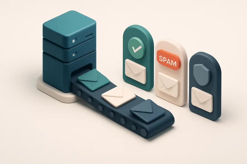 an isometric email inbox split into three lanes: one with a green checkmark showing 'delivered to inbox', one with a red