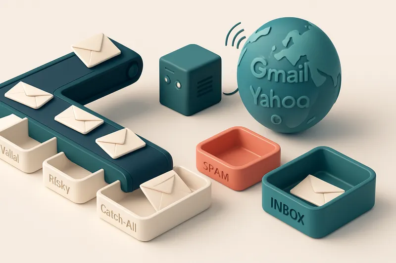 An isometric illustration of a conveyor belt moving envelopes labeled 'valid', 'risky', 'catch-all', and 'invalid' into