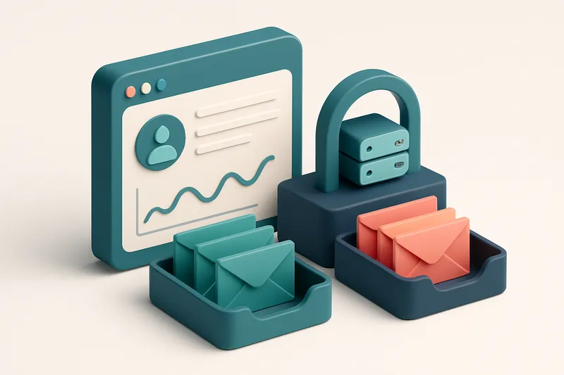 An isometric view of a CRM dashboard with a stack of green envelopes labeled 'valid' and red envelopes labeled 'invalid'