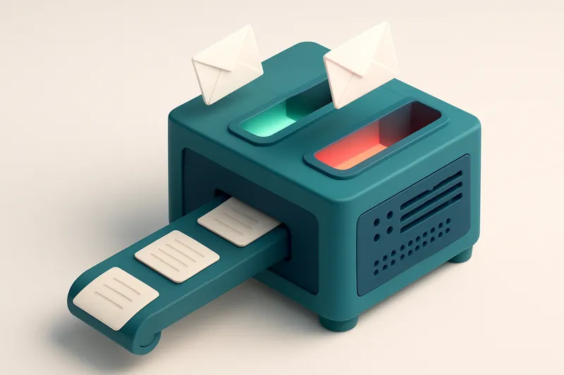 An isometric email server rack with real envelopes being sent into glowing 'inbox' ports (green) and 'spam' ports (red),