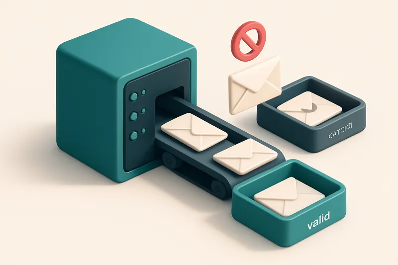 an isometric email server with a conveyor belt feeding envelopes — some bounce back with a red 'invalid' stamp, others a
