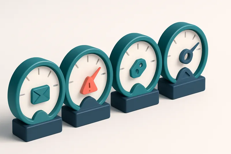 a row of four gauges, each showing a different delivery outcome (inbox, spam, promotions, blocked)