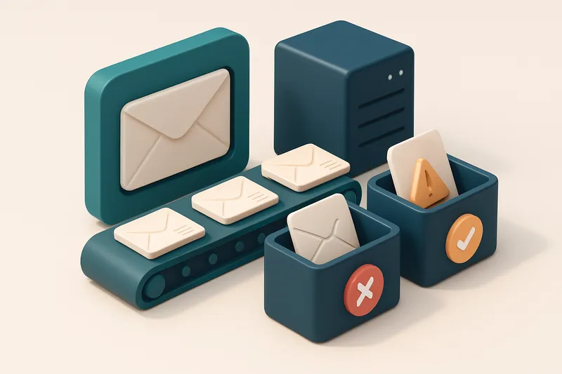 An isometric email inbox with a conveyor belt carrying envelopes labeled with addresses, sorting them into three bins: o