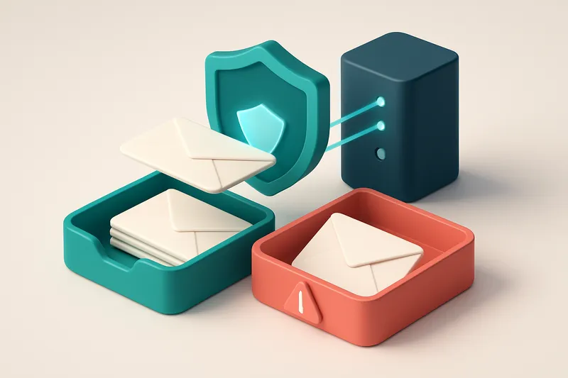 An isometric email inbox stack with envelopes being scanned by a digital shield, some passing to a green 'inbox' tray an