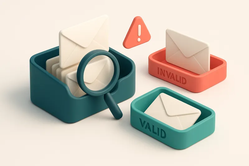 An isometric email inbox with envelopes being sorted onto a green 'valid' tray and a red 'invalid' tray, a red 'catch-al