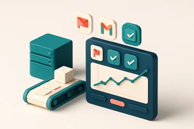 an isometric dashboard showing a live inbox placement graph with green checkmarks on Gmail and Outlook, red flags on spa