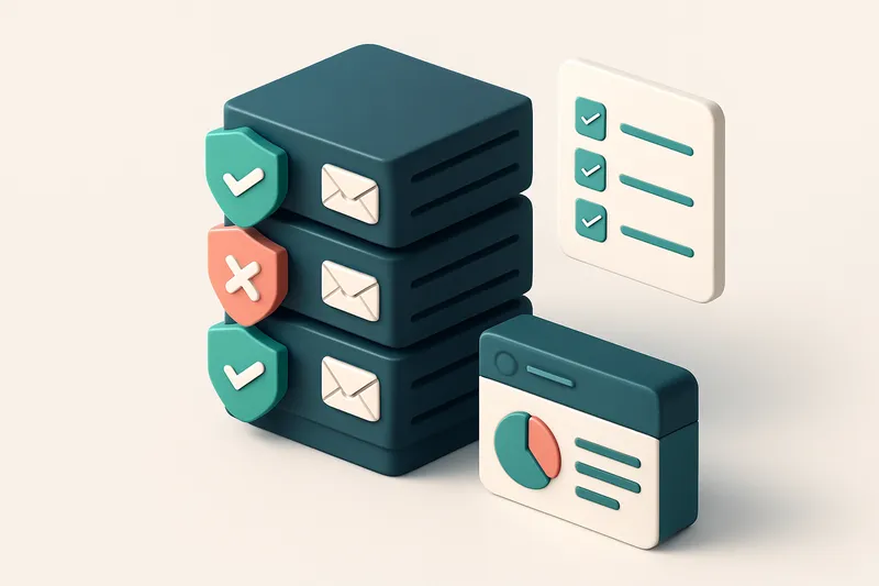 An isometric email server rack with green 'SPF-valid' shields on some servers, red 'SPF-fail' shields on others, and a d