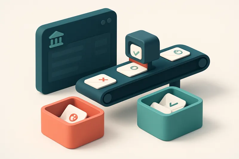 An isometric campus dashboard showing a conveyor belt pulling in student email addresses, with each one scanned by a red