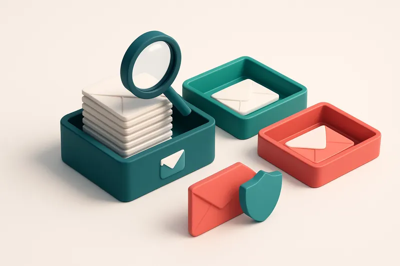 An isometric email inbox with envelopes being sorted onto a green 'valid' tray and a red 'invalid' tray, a magnifying gl