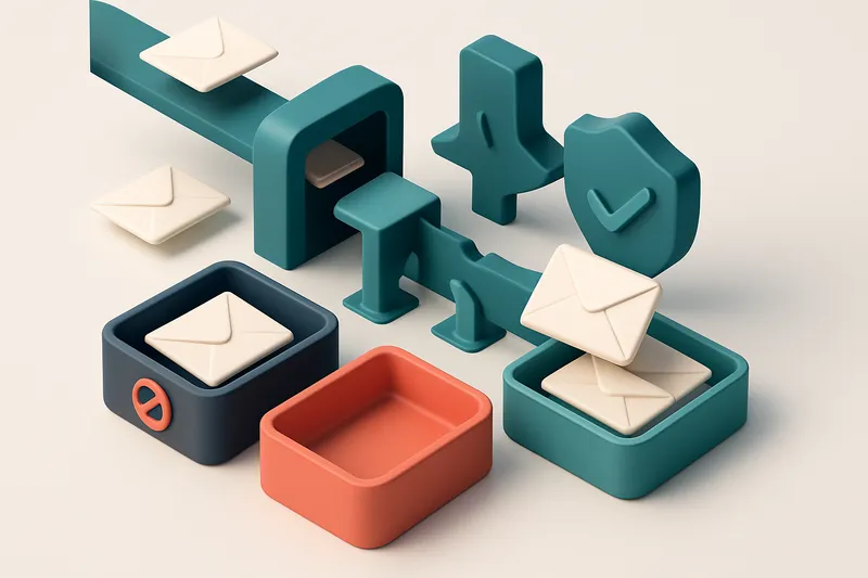An isometric email inbox with a steady stream of envelopes entering one side, some landing on a green 'delivered' tray,