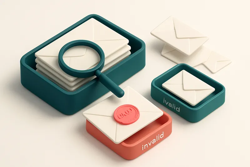 an isometric email inbox with envelopes being sorted onto a green 'valid' tray and a red 'invalid' tray, a magnifying gl