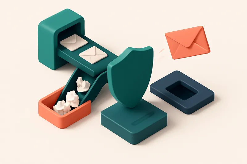 An isometric email inbox divided into three lanes: a green 'inbox' conveyor belt with envelopes, a red 'spam' chute with
