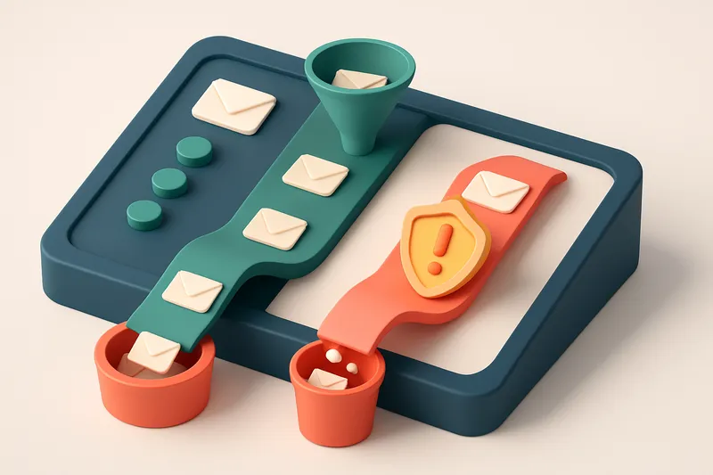 Hero: an isometric dashboard showing a red 'invalid' conveyor belt dumping emails into a trash bin, a green 'valid' belt
