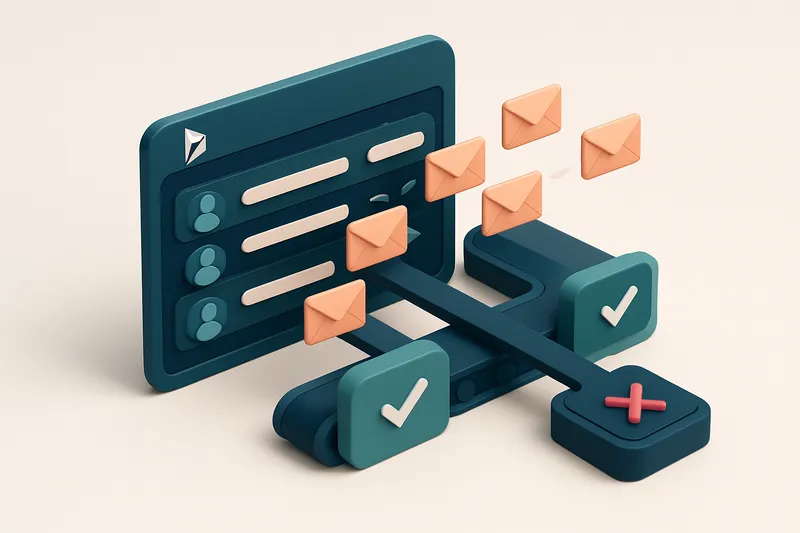 An isometric CRM dashboard showing a Microsoft Dynamics interface with a list of contacts. Envelopes fly from each conta