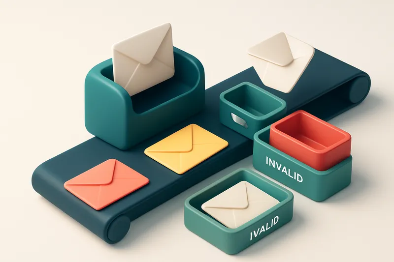 An isometric illustration of a 3D email inbox with envelopes being sorted into a green 'valid' tray and a red 'invalid'