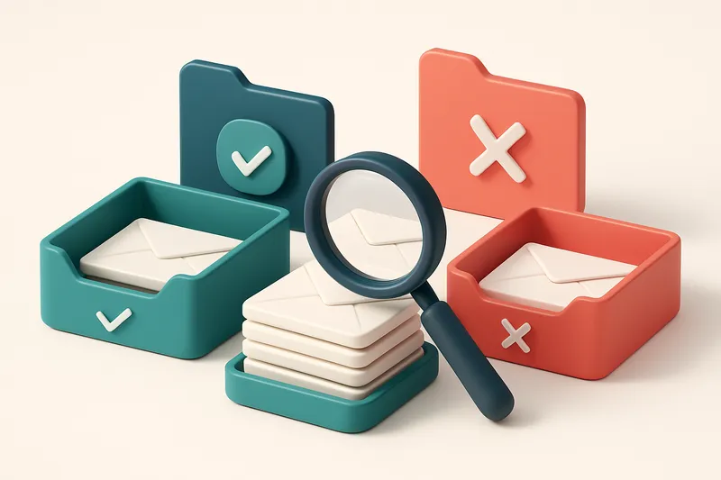 An isometric email inbox with envelopes being sorted onto a green 'valid' tray and a red 'invalid' tray, a magnifying gl