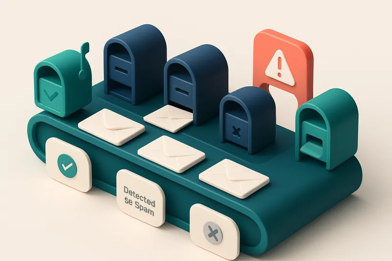 An isometric illustration of a conveyor belt carrying email envelopes through labeled gates: 'Valid Inbox', 'Spam', 'Blo
