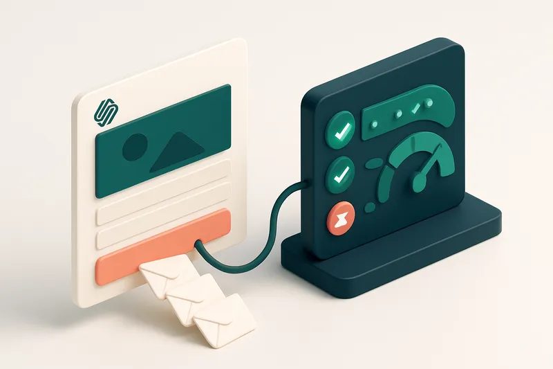 An isometric view of a Squarespace website interface with an email form, connected via wire to a MailTester dashboard sh