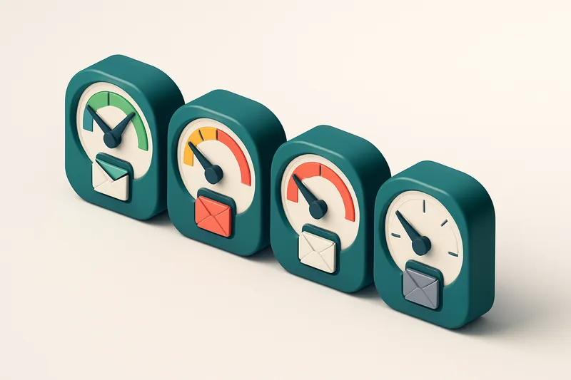 a row of four gauges showing inbox delivery status (green, yellow, red, gray)