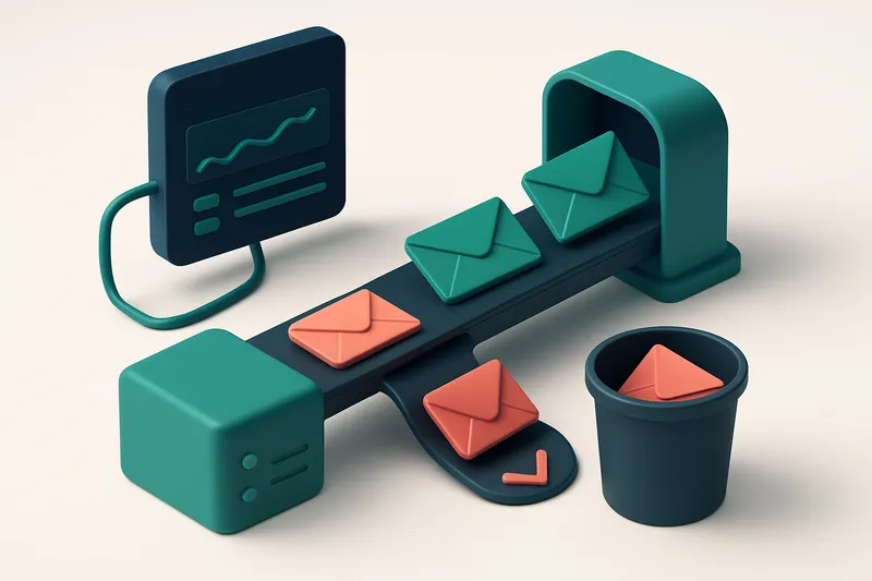 An isometric view of a Braze dashboard connected via a wire to a server labeled 'MailTester', with envelopes moving alon