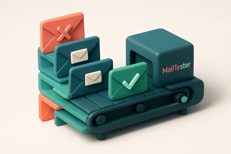 An isometric email inbox stack with five envelopes: two red marked 'invalid', two blue marked 'catch-all', and one green