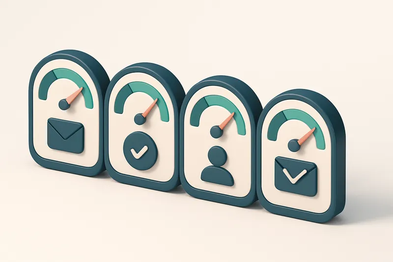 A row of four gauges indicating email verification, deliverability, sender reputation, and inbox placement