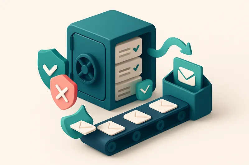 Hero: an isometric illustration of a consulting firm's database as a digital vault with glowing red 'invalid' email entr