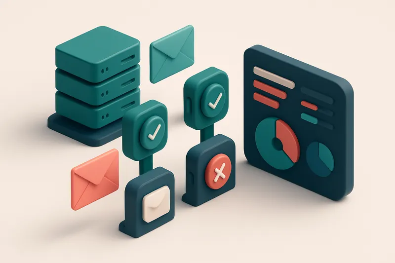 An isometric email server cluster with outgoing envelopes labeled 'Sent' and 'Failed', each routed through a verificatio
