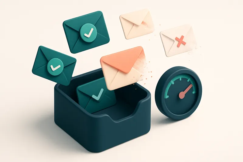 An isometric email inbox with envelopes floating in mid-air, some turning green with checkmarks, others turning red and