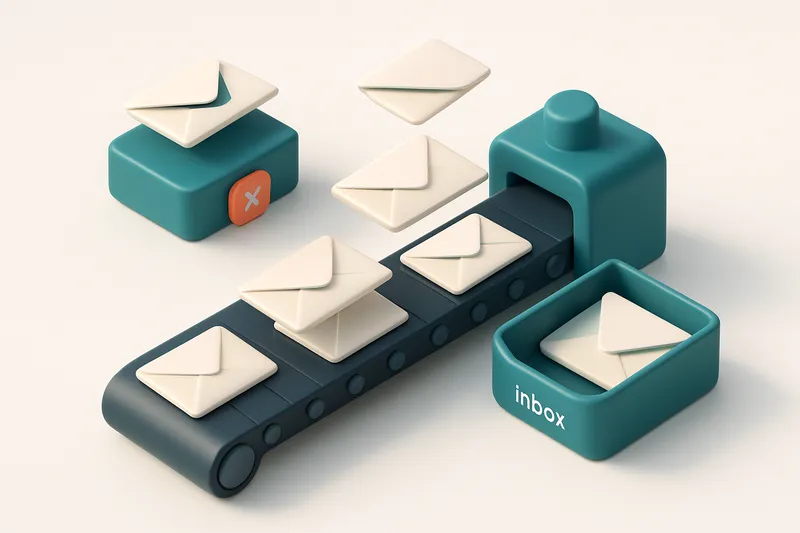 An isometric email inbox with a conveyor belt delivering envelopes labeled 'valid', 'invalid', 'catch-all', and 'risky'.