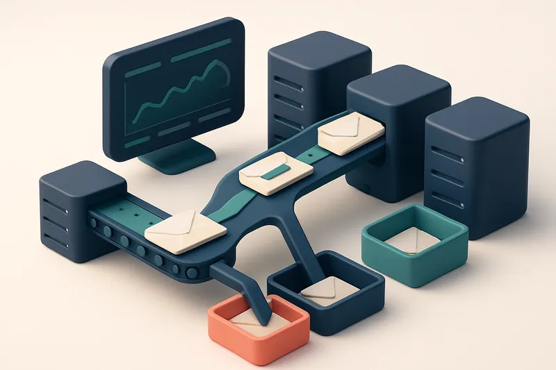 An isometric illustration showing a high-speed conveyor belt carrying envelopes labeled 'email addresses' through a netw