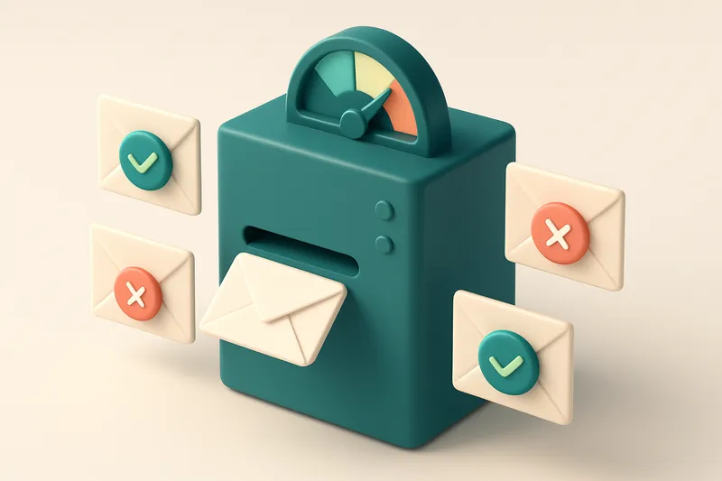 Hero: an isometric email server with green checkmarks on passing envelopes, red Xs on rejected ones, and a gauge showing
