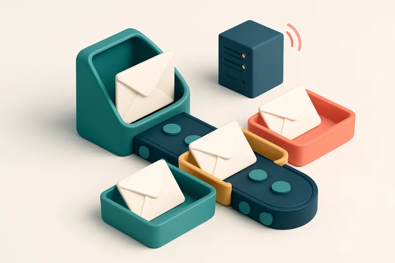 An isometric email inbox with a conveyor belt delivering envelopes labeled 'valid', 'risky', and 'invalid' into green, y