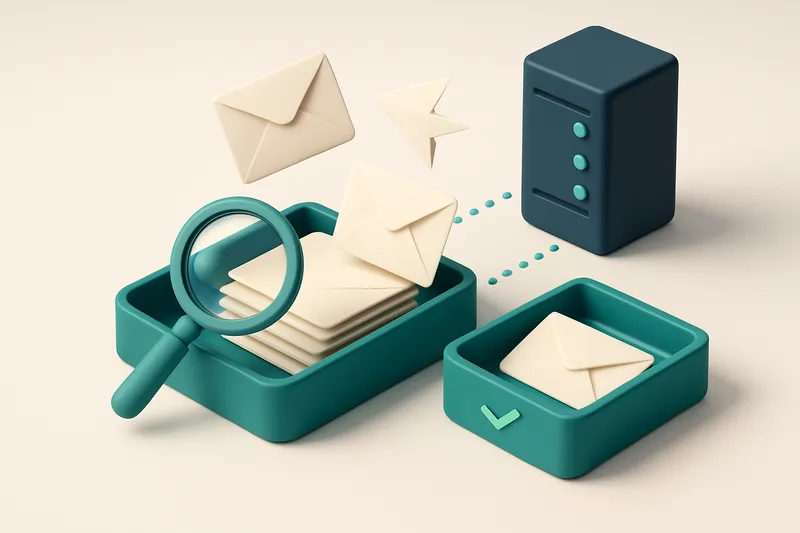 an isometric email inbox with envelopes being sorted onto a green 'valid' tray and a red 'invalid' tray, a magnifying gl