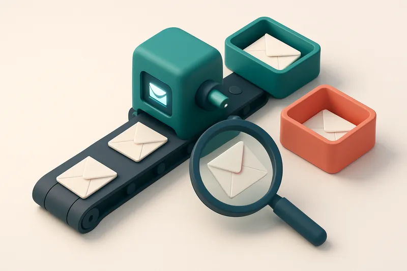 an isometric email dashboard showing a conveyor belt moving envelopes toward a green 'valid' tray and a red 'invalid' tr