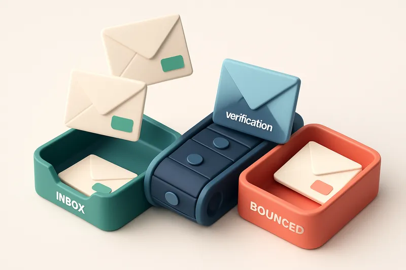 an isometric inbox inbox with envelopes labeled 'valid' going into a green 'inbox' tray, 'invalid' envelopes going into